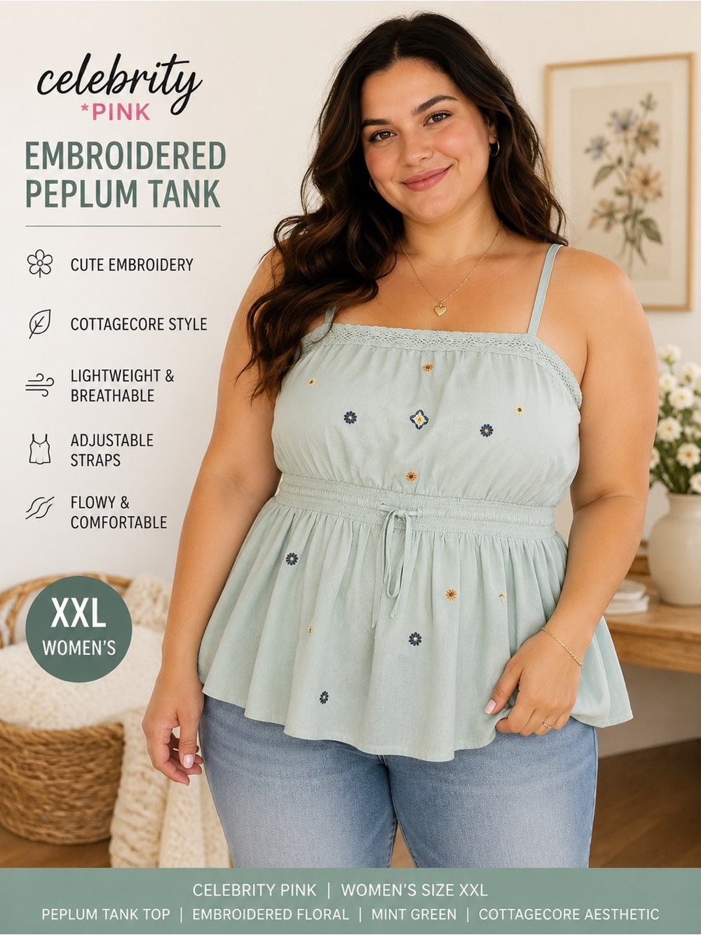 Celebrity Pink XXL Mint Cottagecore Peplum Tank Embroidered Floral Boho Top